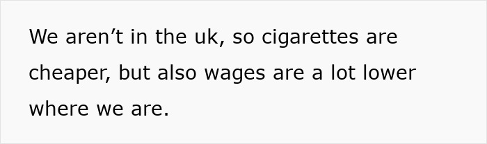 Text discussing cigarettes affordability due to lower wages outside the UK.