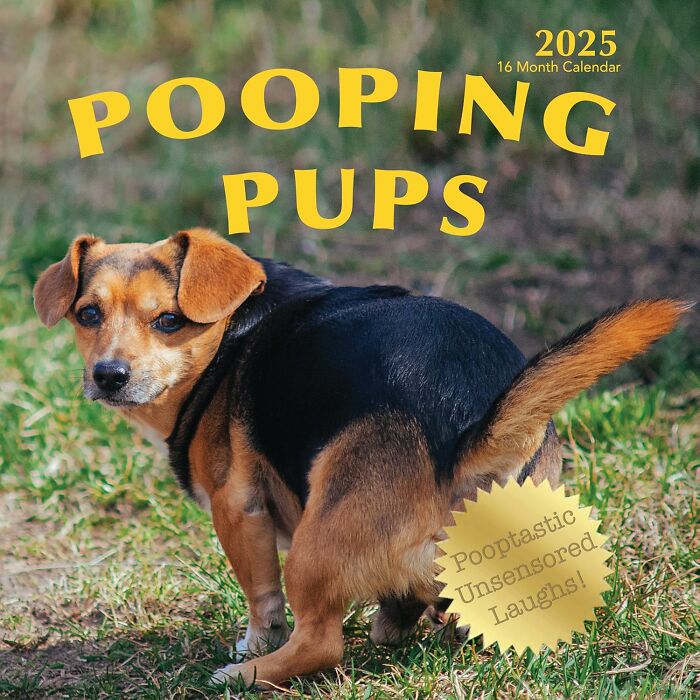 Dog humorously caught in action, featured on a "Pooping Pups" calendar cover.