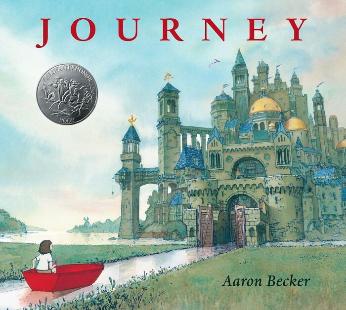 Children’s book cover of "Journey" by Aaron Becker, showcasing a castle and a red boat with a silver medal.
