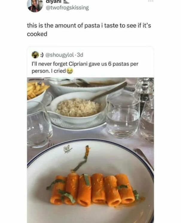 Scottish humor: A small pasta portion on a plate with a funny tweet about tasting it to test if it's cooked.