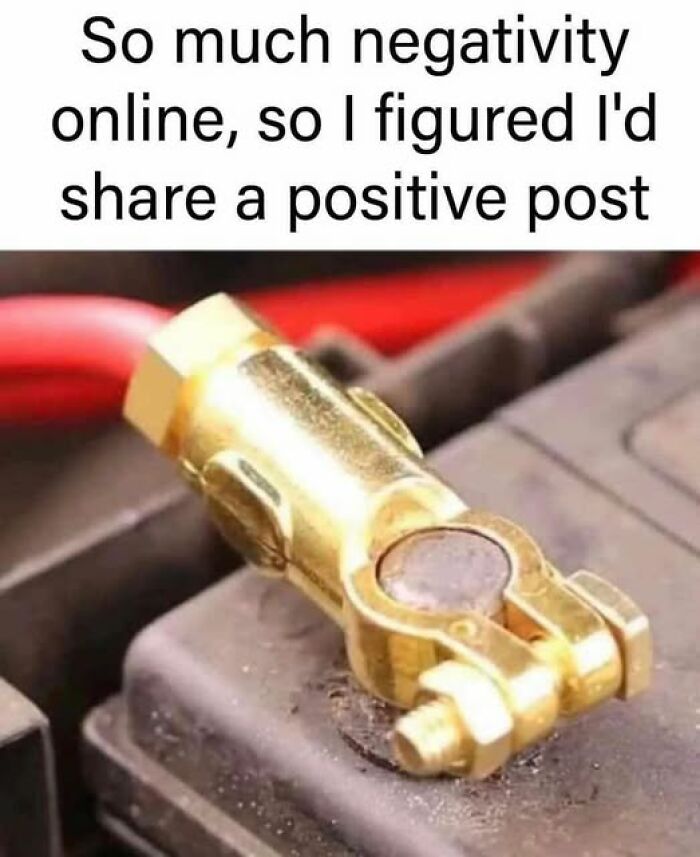 Literal meme featuring a car battery terminal labeled as a "positive post" amid online negativity joke.