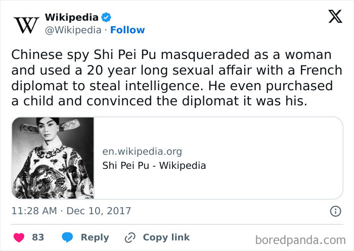 Wikipedia tweet about Shi Pei Pu, a spy who cheated the system by pretending to be someone else.