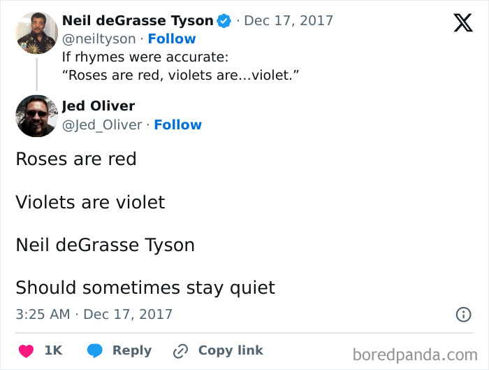 Tweet with a hilarious clever comeback, correcting a rhyme by Neil deGrasse Tyson.