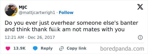 Tweet by MJC humorously comparing overheard banter to Scots humor, with a playful thankfulness for not being involved.