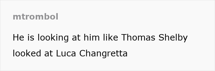Comment comparing someone's look to Thomas Shelby's gaze at Luca Changretta.