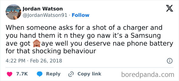 Tweet showcases Scottish humor about phone chargers and unexpected reactions.