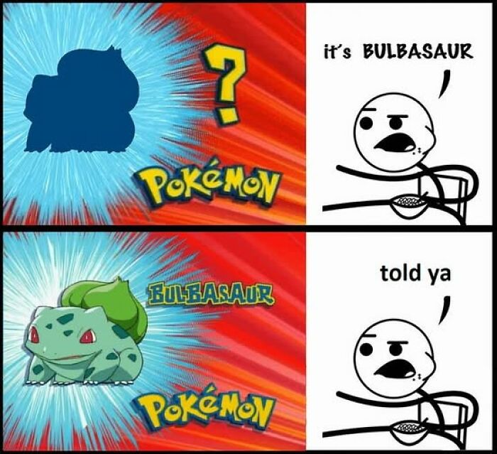 Stick figure meme hilariously identifies Bulbasaur in Pokémon guessing game.
