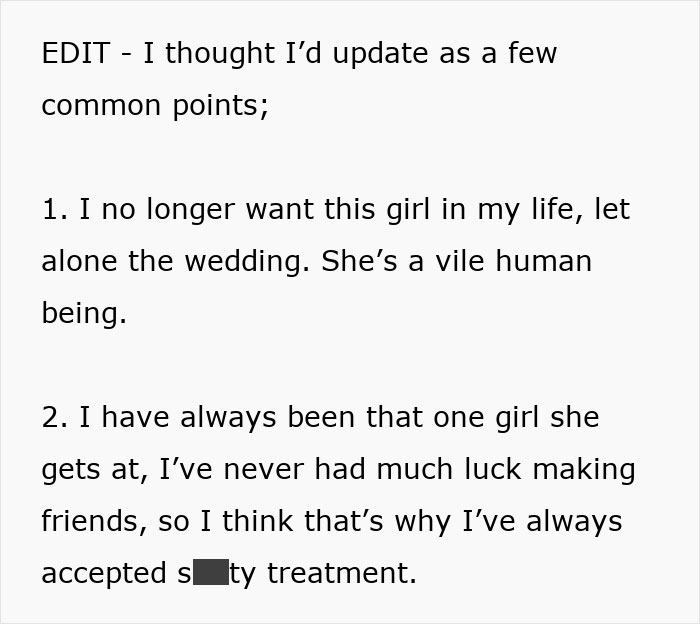 Text update about friendship issues and engagement at a wedding, calling someone a vile human being.