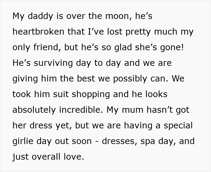 Text discussing a father's emotions and family support after losing a friend, involving wedding preparations.