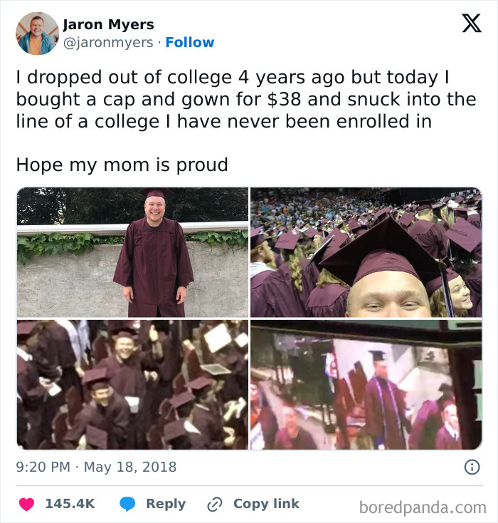 Person in cap and gown pretending to be part of college graduation ceremony, smiling in crowd, example of cheating the system.