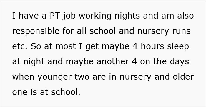 Text description of a mom's struggle to balance night shifts and child care, highlighting her sleep deprivation.