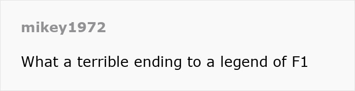 Text comment about Michael Schumacher's condition by user mikey1972, stating it's a sad ending for an F1 legend.