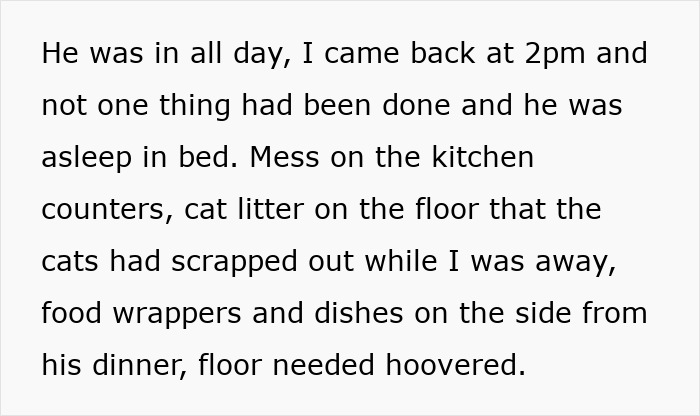 Text describing a messy home, highlighting laziness and chores undone by woman's boyfriend.