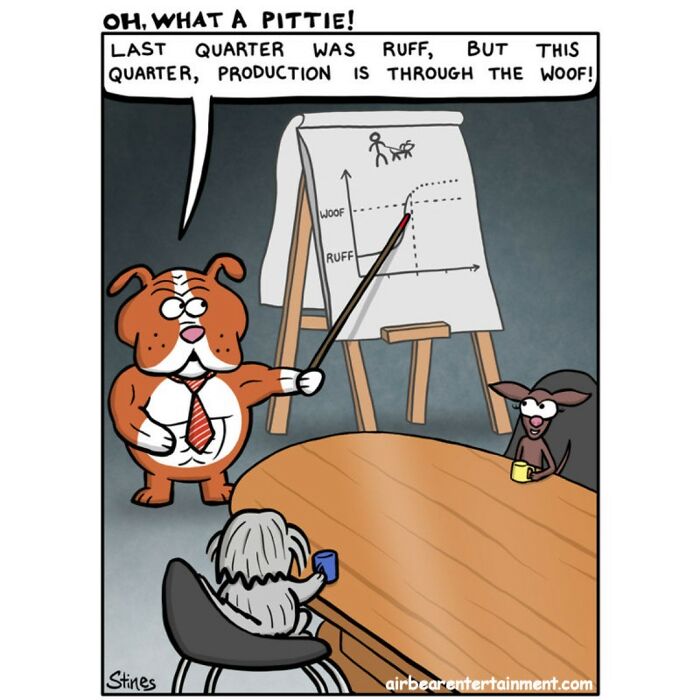 Bulldog in suit pointing to chart, delivering a pun-laden business presentation with other animals.