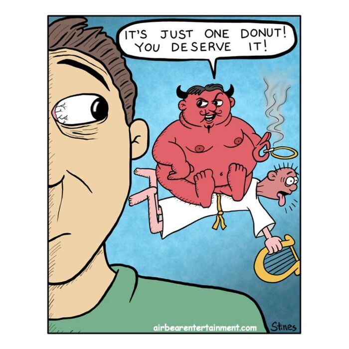 Engineer turned comic artist illustrates a one-panel joke with angel and devil figures debating a donut choice.