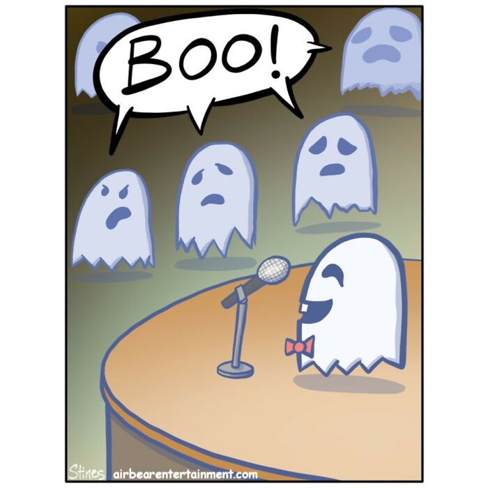 Ghost telling a joke with "Boo!" to a crowd, showcasing a comic drawn by an engineer-turned-comic artist.