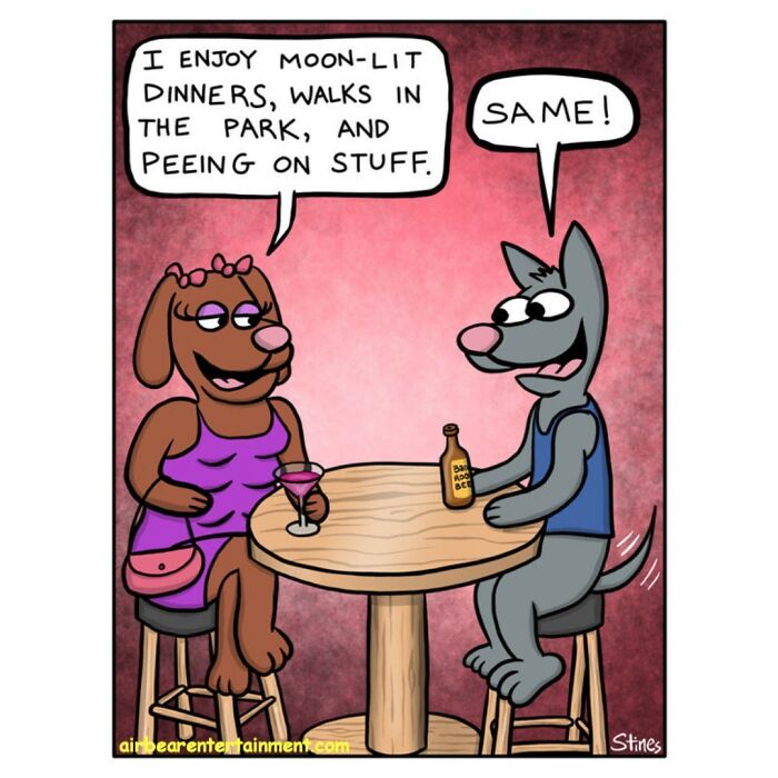 Dog and cat cartoon sharing a humorous one-panel joke at a table, expressing shared interests.
