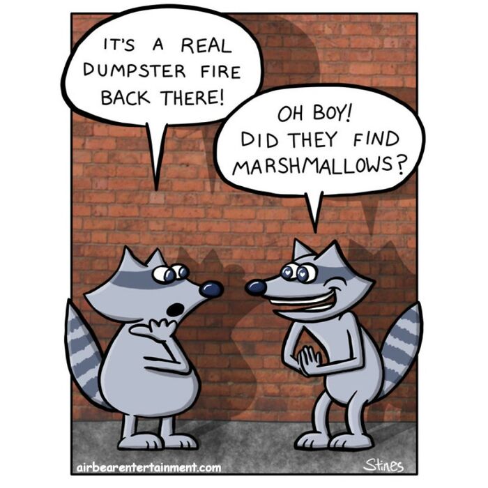 Two cartoon raccoons joking about a dumpster fire; one asks about marshmallows. Comic by former engineer.