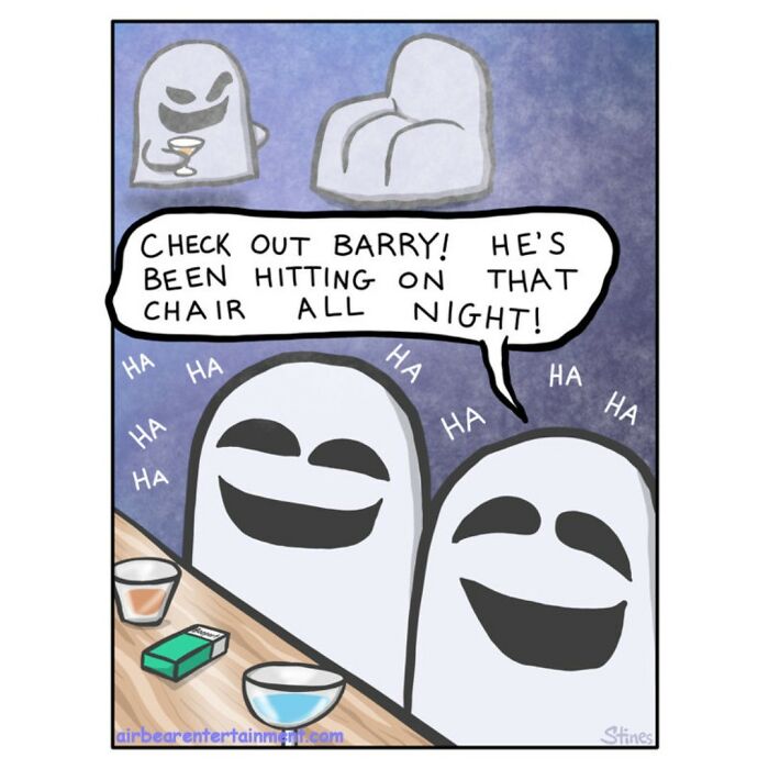 Two ghosts laughing at a ghost hitting on a chair, illustrating a humorous one-panel comic by a former engineer.