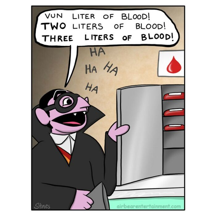 Vampire character counting liters of blood in a humorous one-panel comic by an engineer-turned-cartoonist.