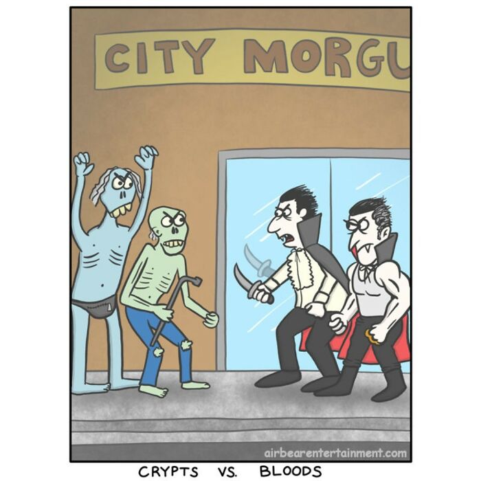 Engineer-turned-cartoonist's comic of crypts and vampires facing off in front of a city morgue.