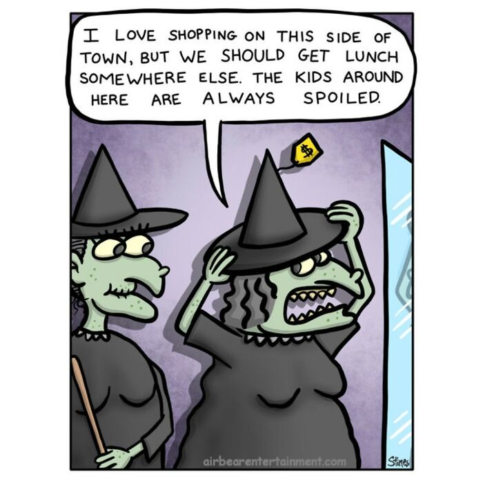 Two witches talk about shopping and spoiled kids in a humorous one-panel comic by a former engineer.