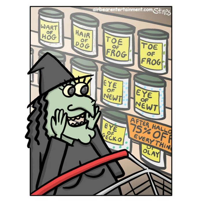 Witch shopping for discounted potion ingredients after Halloween, a one-panel comic by an engineer-turned-artist.