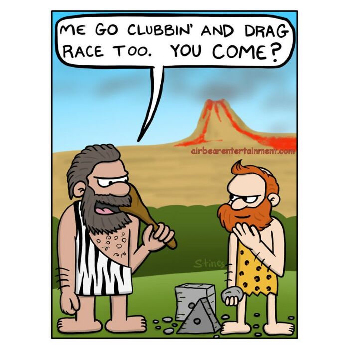 Prehistoric-themed comic shows two cavemen talking about clubbing and drag racing near a volcano.