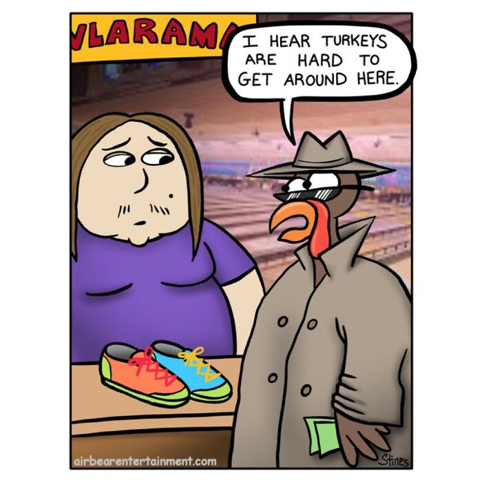 Comic with a turkey in disguise wearing a trench coat, talking to a cashier at a shoe store.