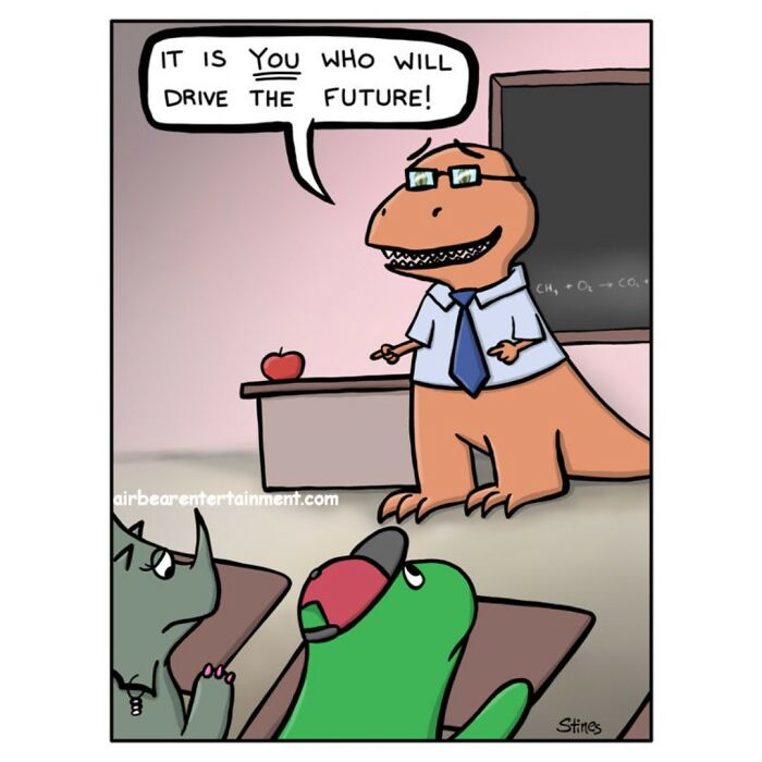 Cartoon of a T-Rex in a classroom, wearing glasses and a tie, inspiring students with a joke.