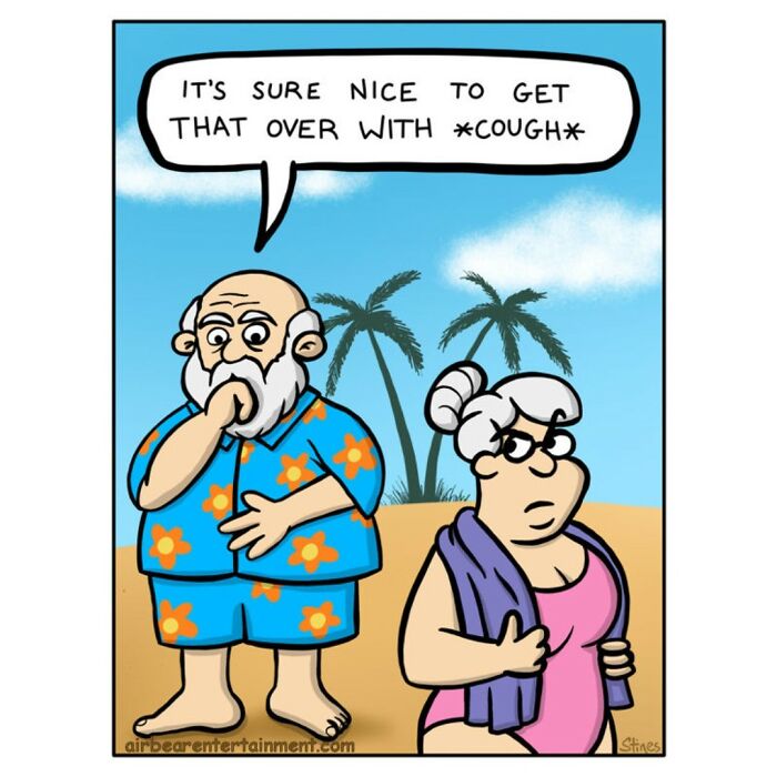 Elderly couple in swimwear at the beach, with a humorous comic panel featuring a joke by an engineer turned comic artist.
