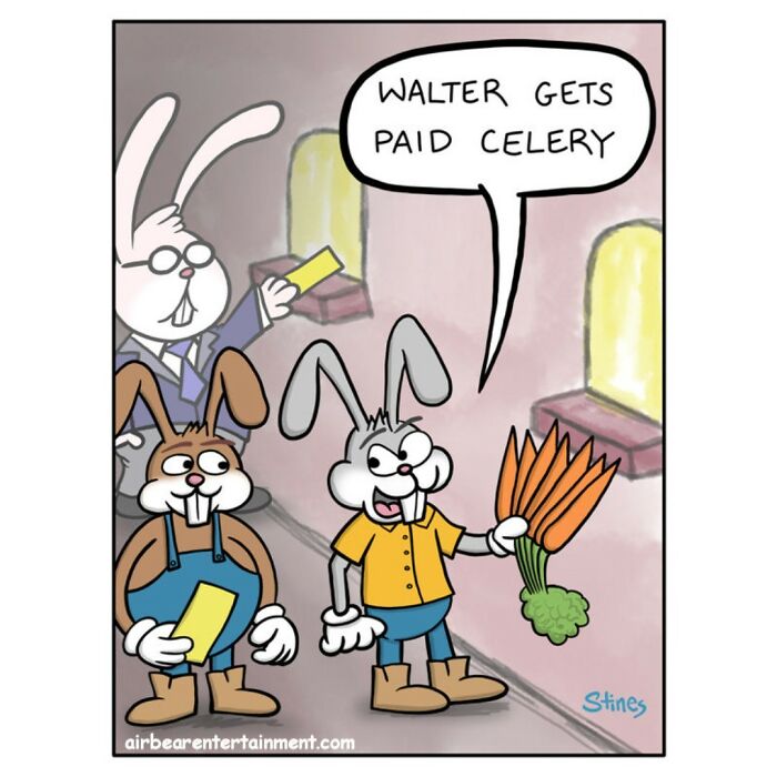 Two cartoon rabbits with a paycheck joke. One says, "Walter gets paid celery," holding carrots. Comic by an engineer-turned-artist.