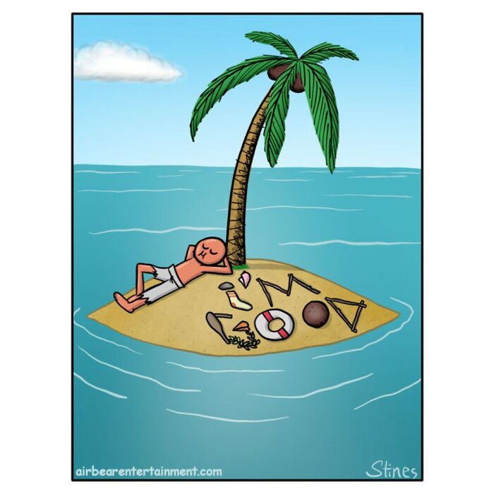 Comic of a person relaxing on a small island, with "Aloha" spelled out using objects, under a palm tree.