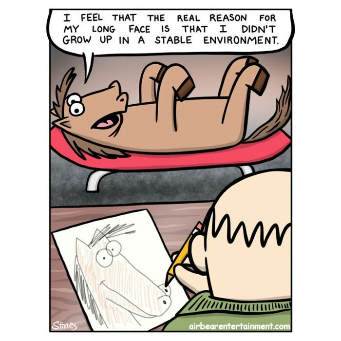 A cartoon horse on a therapist's couch with an engineer drawing a comic of it in a humorous one-panel joke.