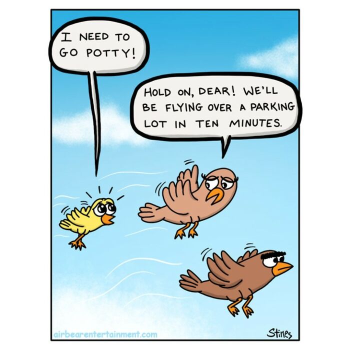 Birds in flight; a young bird needs to go potty. Engineer-turned-comic-artist's humor in a one-panel joke.