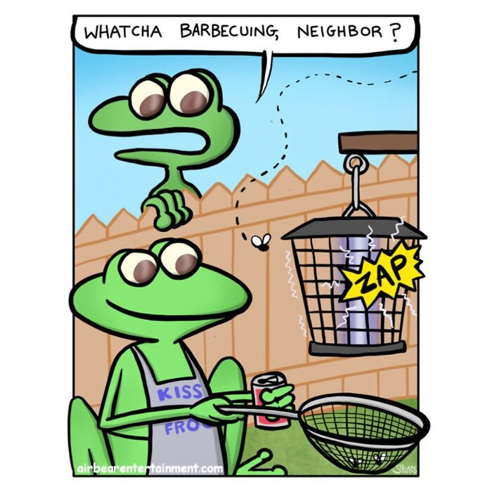 Two frogs by a fence joke about a bug zapper barbecue.