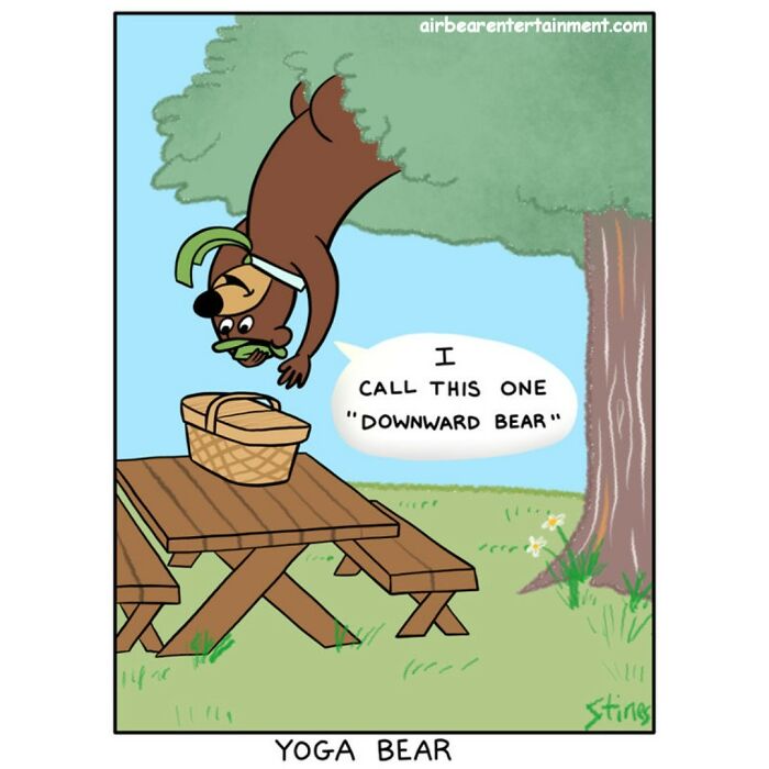 Bear doing yoga pose on a tree, saying "I call this one 'downward bear'" next to a picnic basket on a table.