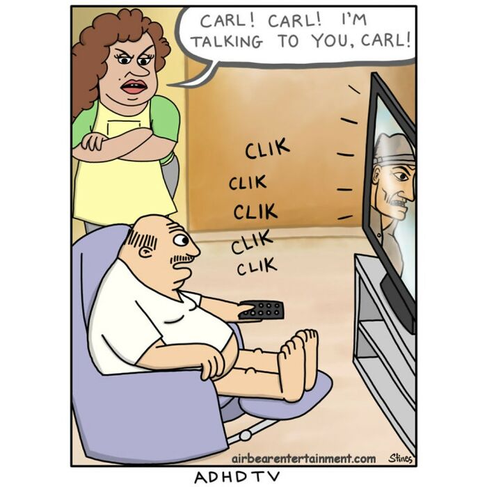 Engineer draws comic of man ignoring woman while watching TV, holding remote with "click" sounds.