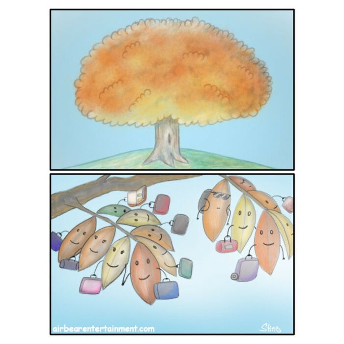 Comic showing a tree with leaves smiling, carrying luggage, illustrating a humorous take on departure.