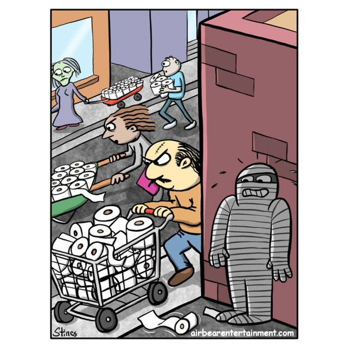 A comic illustration with people hoarding toilet paper and a mummy observing humorously from the side.