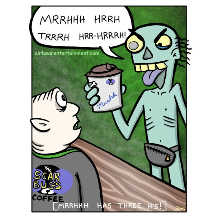 Comic featuring a zombie character at a coffee shop counter, humorously mispronouncing a drink order.
