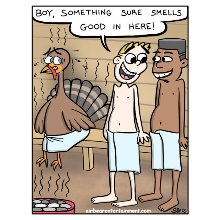 Comic of two men in a sauna, with a turkey sweating beside them, showcasing clever one-panel humor.