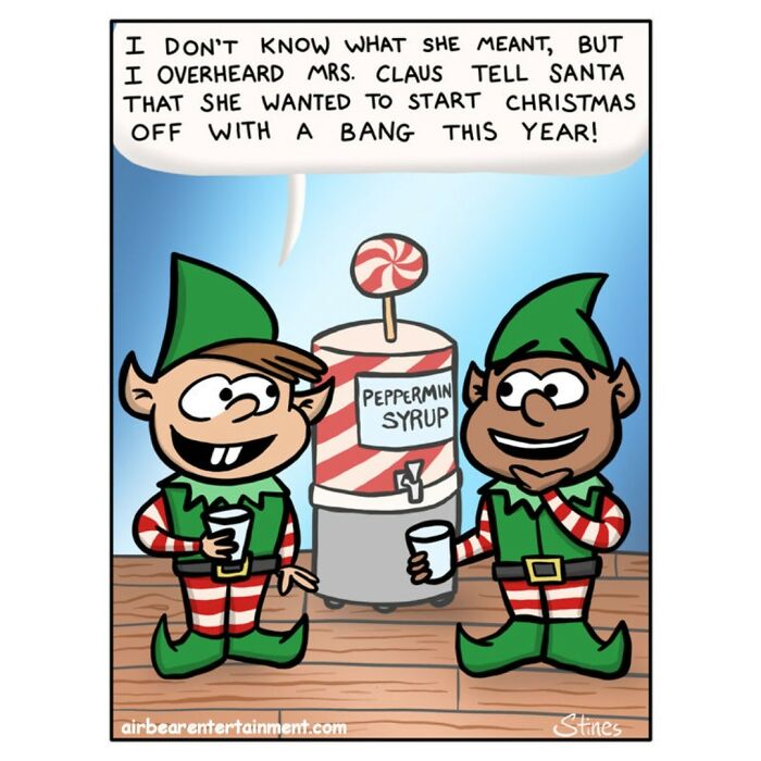 Two elves stand by a peppermint syrup barrel, sharing a humorous conversation.