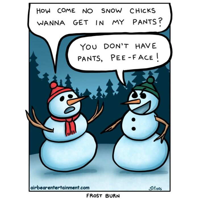Two snowmen debate pants in a humorous one-panel comic by former engineer turned artist.