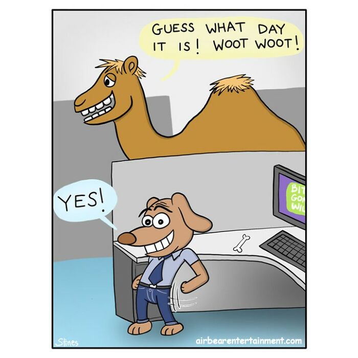 Comedic one-panel showing a happy dog in an office, interacting with a camel over a cubicle wall.