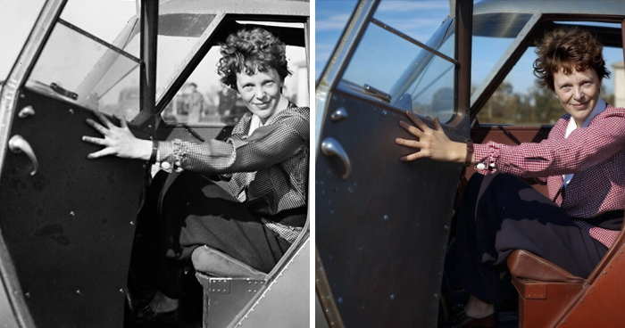 Art project showcasing a historical figure in a vintage and colorized photo, seated in an airplane cockpit.