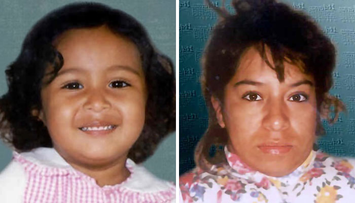 Two images side by side: a young child smiling and an adult with a serious expression, both related to abducted children cases.