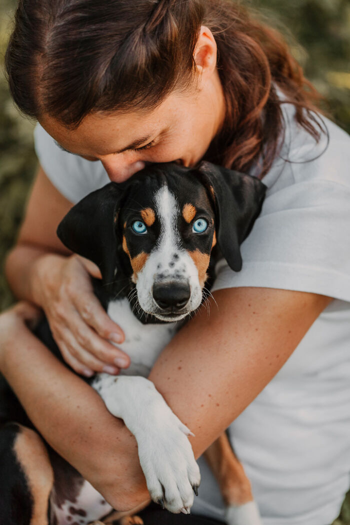 Woman lovingly cuddling a dog with striking blue eyes, illustrating a heartwarming bond between animals and humans.