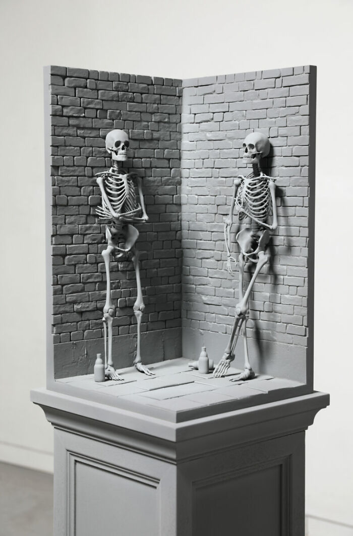 Two monochrome skeleton sculptures by Hans Op De Beeck, positioned in a corner with a brick wall backdrop.