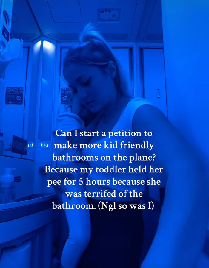 Woman in airplane bathroom with text about kid-friendly facilities. Rent a private jet discussion. Woman in airplane bathroom with text about kid-friendly facilities. Rent a private jet discussion.